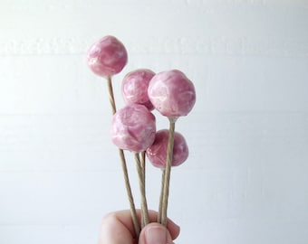 Ceramic Craspedia Flowers. For Flower Arrangements. Set Of Five Hand-Made Clay Balls With Or Without Paper-Wrapped Sticks. In Floral Pink.