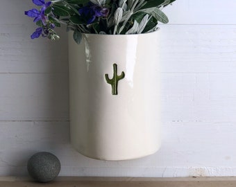 Cactus Wall Vase. Flat-Backed Ceramic Vessel For Wall Or Table. With Saguaro Cactus Graphic.