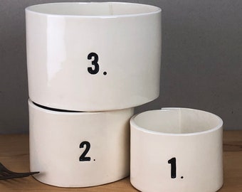 Nesting Numbered Bowls. White Ceramic Bowls, Hand-built With Black Stamped Numbers.