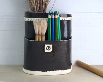 Tool Caddy. Slab-Assembled Ceramic Storage For Wall Or Table. Artful Artist's Paintbrush Organizer. Cool Tool Caddy.