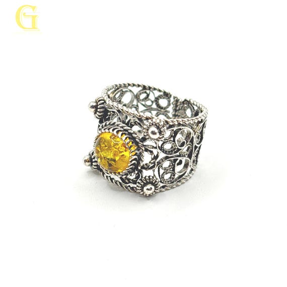 Filigree Yellow Amber Ring - Vol 6