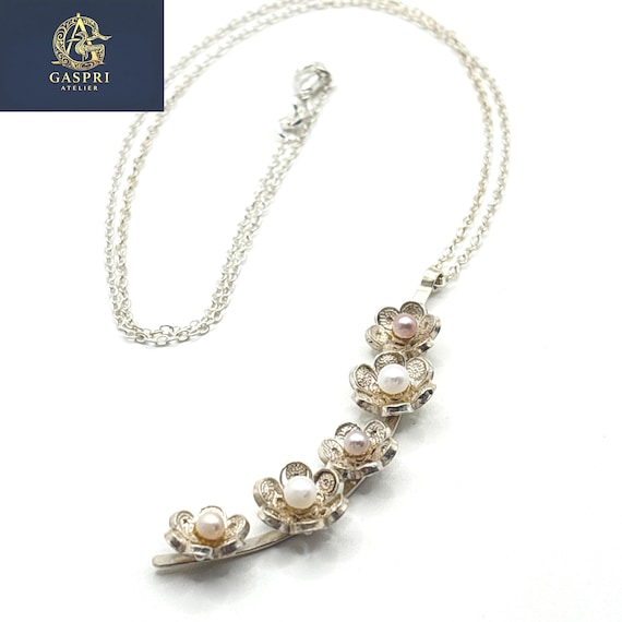 Filigree Flower Necklace: Sterling Silver Pendant with Pearls