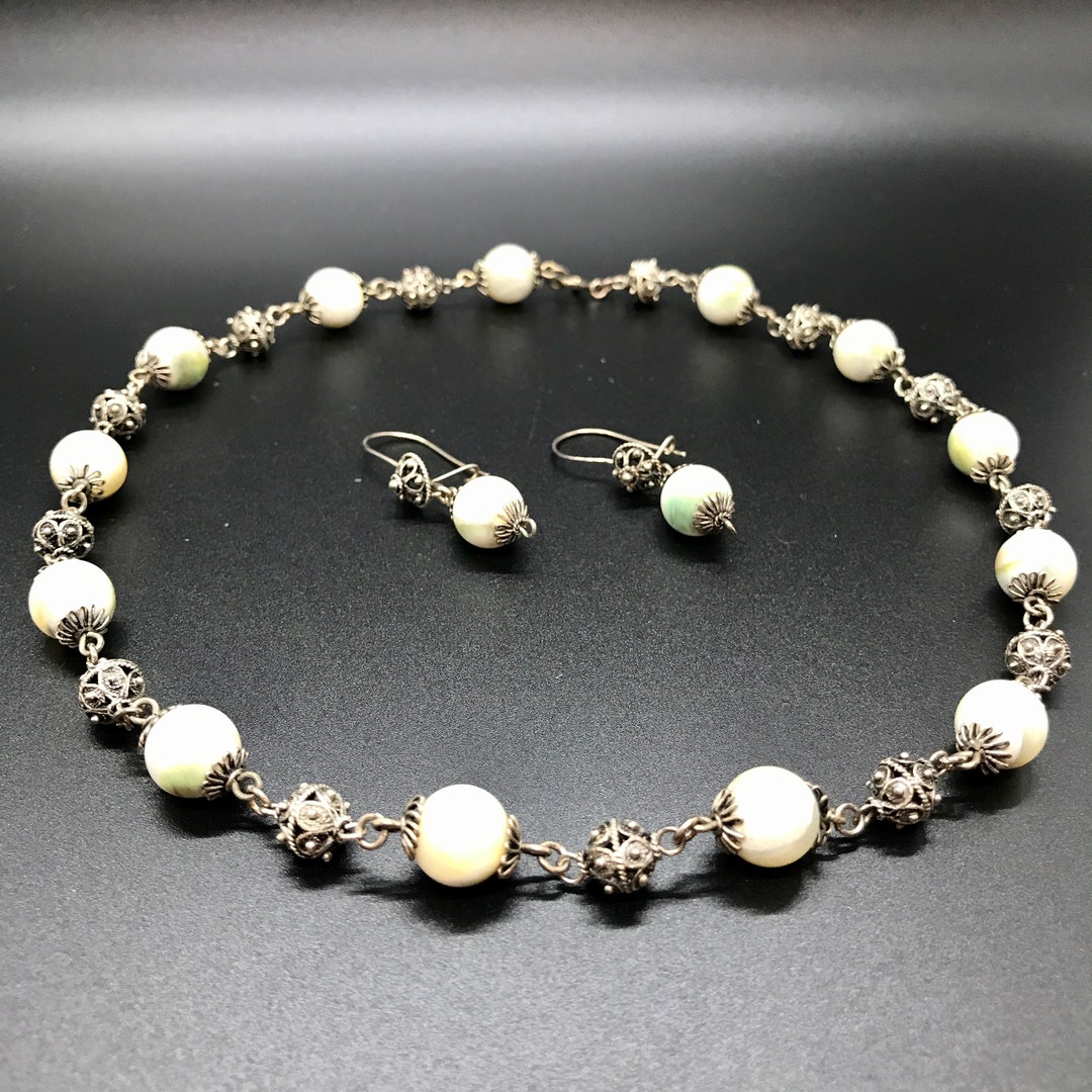 Sterling Silver Filigree Necklace & Earrings, Mother of Pearl Shell Set ...