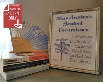 May include: A framed cross-stitch sampler featuring the text "Miss Austen's Genteel Excursions" and a quote from Jane Austen's novel "Pride and Prejudice". The sampler includes a map of locations from Austen's novels, such as Pemberley, Bath, Mansfield Park, Highbury, Barton Park, and Lyme Regis. The sampler is displayed on a table with a stack of Jane Austen novels.