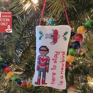 May include: A white cross-stitch ornament with a cartoon character wearing a red and white suit and a red hat. The ornament has the text "here to stay is a new bird" on it.
