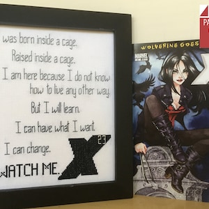 May include: A black and white cross-stitch pattern with a quote about being born in a cage and learning to break free. The quote reads "I was born inside a cage. Raised inside a cage. I am here because I do not know how to live any other way. But I will learn. I can have what I want. I can change. WATCH ME."