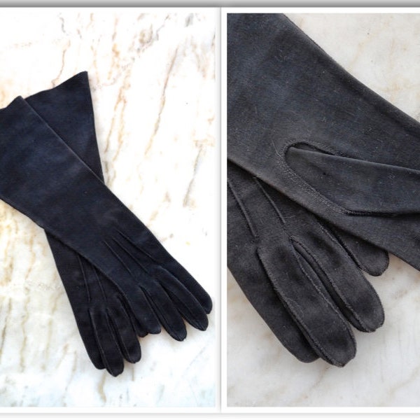 50s GLOVES Long Black 3/4 Length or 8 button cotton gauntlet pintucks on back mid-arm vintage midc fall winter dressy long evening for coats