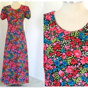 70s Floral S Folk Dress Cotton Prairie Long Navy red pink blue green yellow white puff sleeve A-line back zip back to school empire scoop
