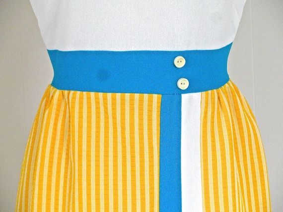 70s YELLOW Stripe M Dress Blue White Color Block … - image 2