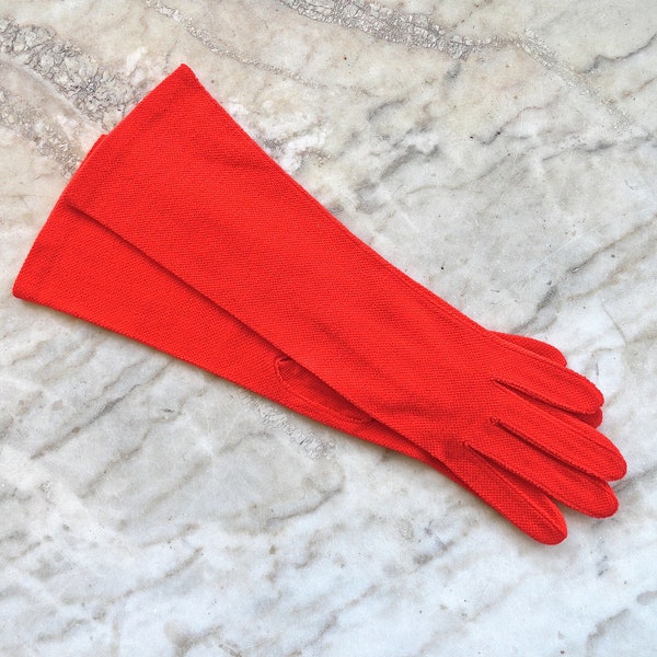 60s HANSEN gloves NOS 6 1/2 vintage long tomato red knit summer spring cool comfy 6 button length church day gloves party midcentury USA