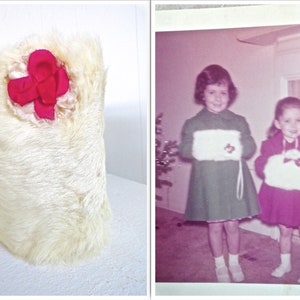 60s MUFF fur white child&#39;s accessory lined warm small one owner red floral accent vintage hand warmer midcentury one owner seed pearls