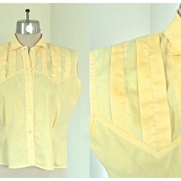 60s yellow S M cotton summer shirt sleeveless top vintage midcentury pleated button front novelty collar casual blouse topstitched label