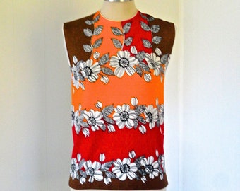 60s MISS HOLLY S Shell knit orange red brown white black sleeveless midcentury vintage back neck zip floral stripe suit top Hong Kong