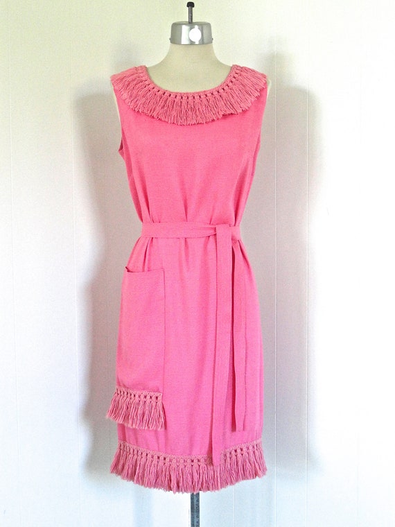 60s TYRONE M Dress Hot Pink Silk Blend Wild fringe vintage midcentury mod shift sheath pocket sleeveless go-go hippie usa fab New year party