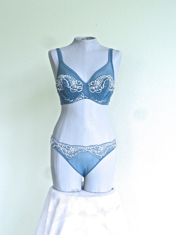 90s ON GOSSAMER S 32D Bra M Panties Sheer French Blue Lavish Ivory Lace 3  Hook Underwire Bikini 