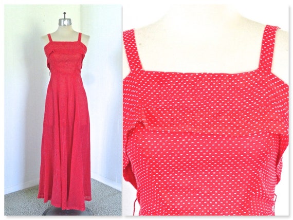 70s red dotted swiss S dress fitted bodice summer… - image 1
