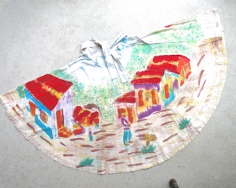 50s TIPICANO Mexican circle skirt folk cotton street scene bright red purple blue white brown orange green sash closure vintage made Mexico