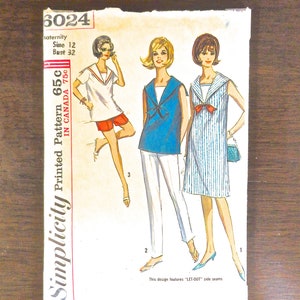 May include: Vintage Simplicity maternity sewing pattern, size 12, bust 32. The illustration shows three women in retro outfits, including a white top with red shorts, a blue top with white pants, and a striped dress. The pattern is marked "Printed Pattern 65c IN CANADA 75c".