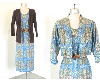 60s TONI TODD L 2 Piece Dress Blue Green Brown Ivory Plaid Cotton Bolero Wiggle Dress Belt 3/4 sleeve Secretary Work Church Midcentury Comfy