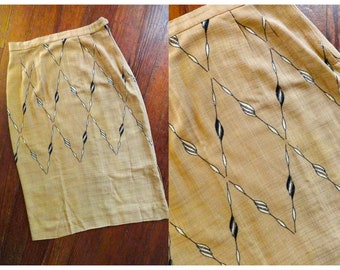 60s AS FOUND tan gold black white pencil skirt wiggle novelty print side zip XS vintage midcentury back to school stage costume secretary