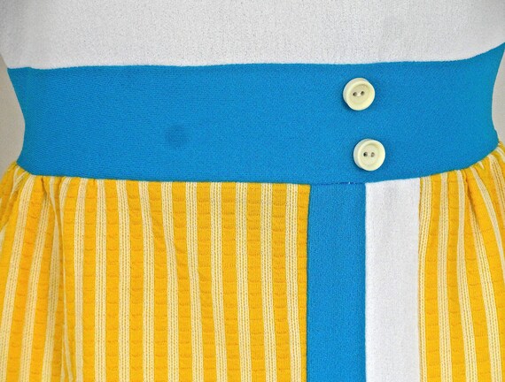 70s YELLOW Stripe M Dress Blue White Color Block … - image 6