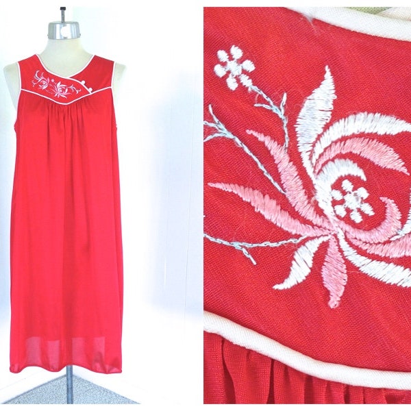 60s LORRAINE M Red Nightgown Knee asian white trim covered buttons blue pink floral embroidery labels midcentury vintage scoop neck comfy