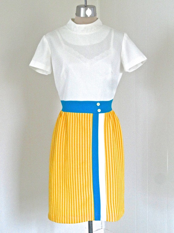 70s YELLOW Stripe M Dress Blue White Color Block … - image 5