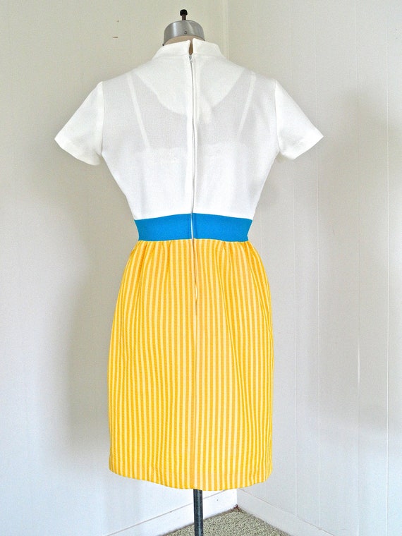 70s YELLOW Stripe M Dress Blue White Color Block … - image 4