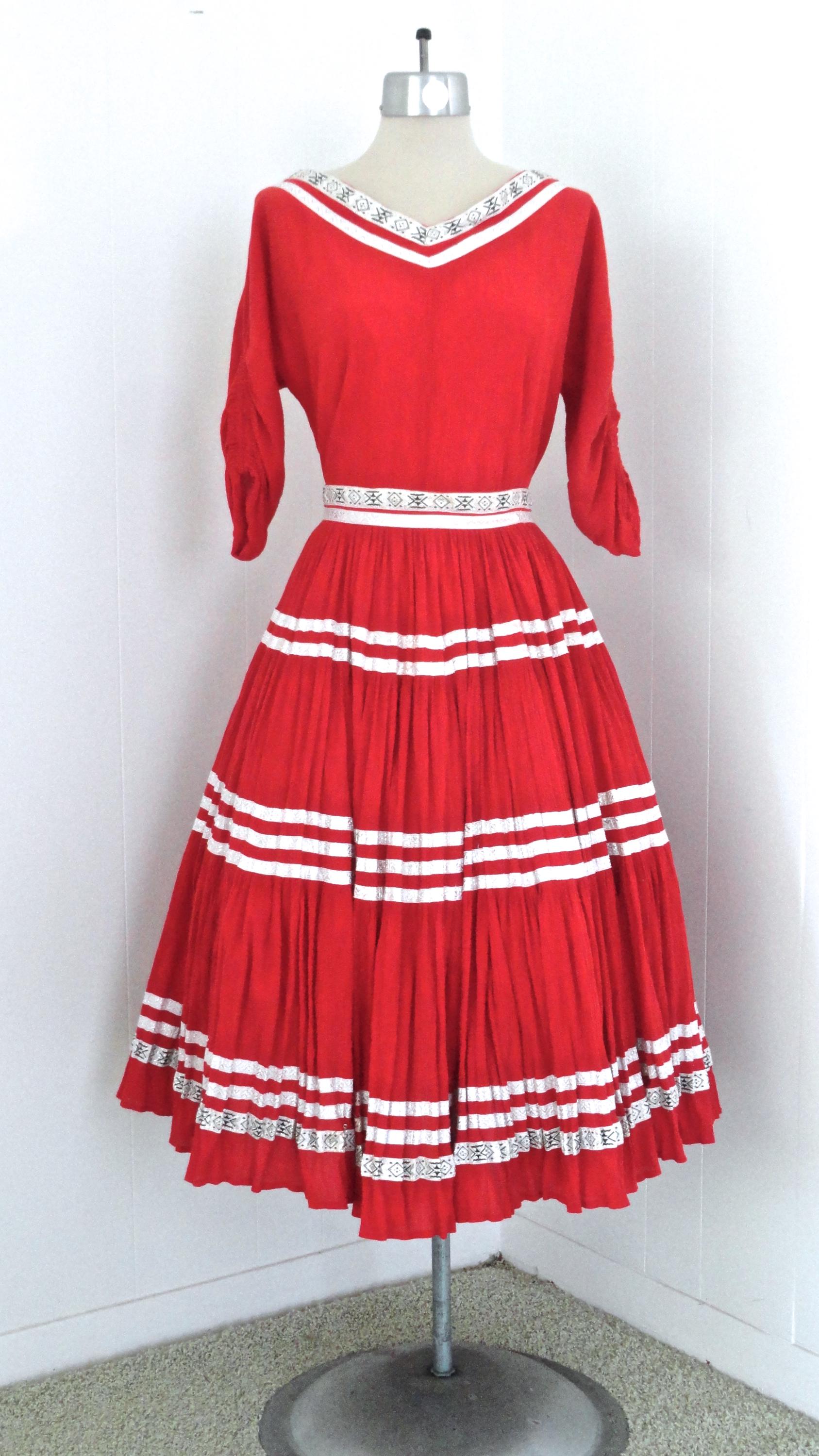 50s PATIO SKIRT SXS red silver white braid full gathered skirt squaw dress vee neck top midcentury skirt side closure cotton vintage 3/4 slv