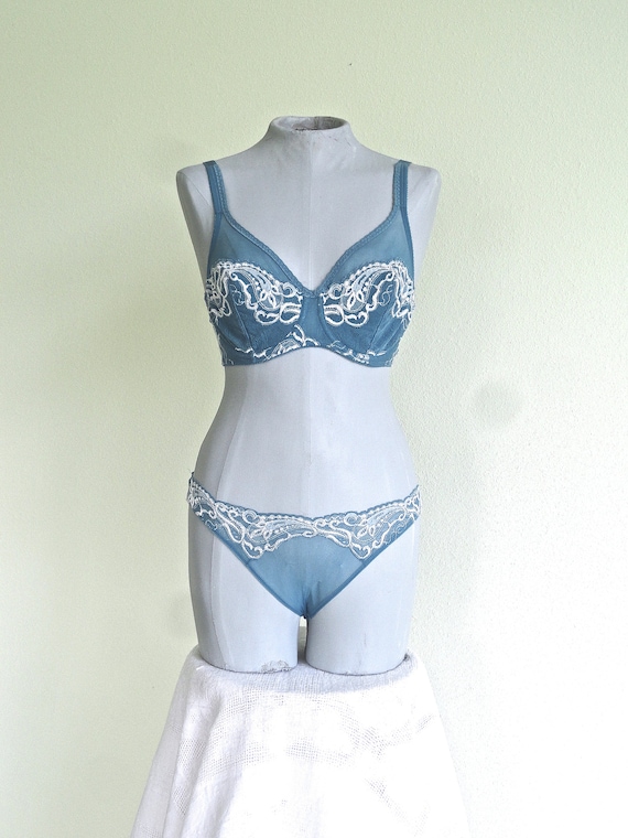 90s ON GOSSAMER S 32D Bra M Panties Sheer French Blue Lavish Ivory Lace 3  Hook Underwire Bikini 