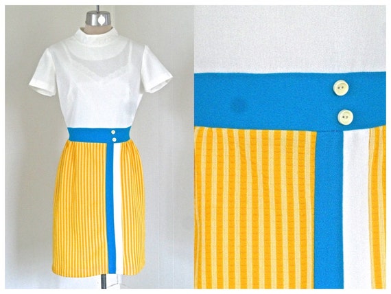 70s YELLOW Stripe M Dress Blue White Color Block … - image 1