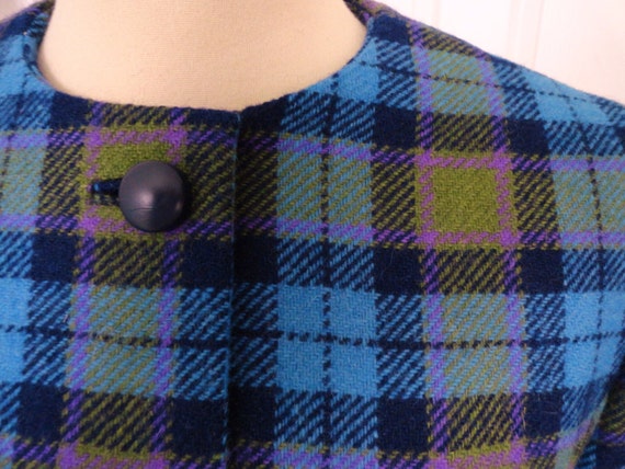 60s Plaid Tweed Suit Scarf Fringe Blue Green Purp… - image 2
