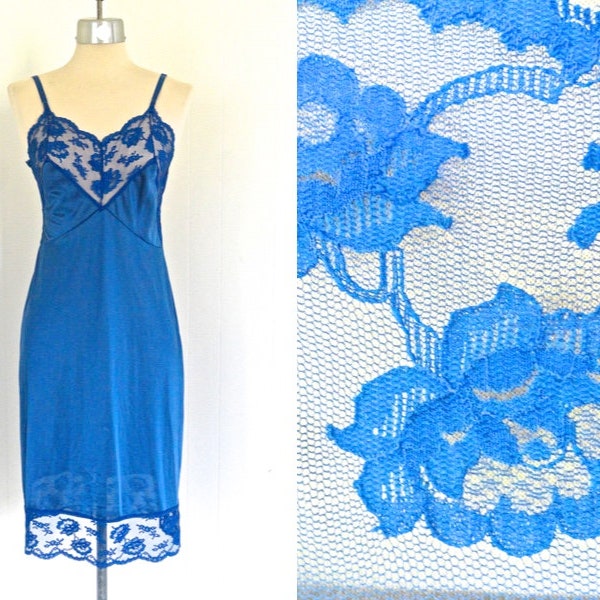 NEW PRICE! 70s HENSON Kickernick 34 Royal Blue Full Slip satin straps lace fitted bust Usa vintage nylon feminine adjustable lingerie