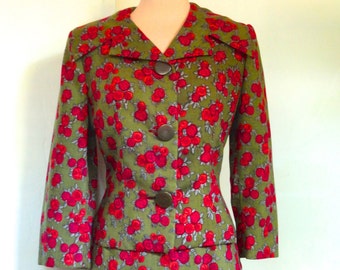 60s BELLCIANO Suit M L Green Red Orange Roses Designer Tailored Lined Slim Skirt Bracelet Length Sleeve Large Buttons Mad Men Collar Fitted