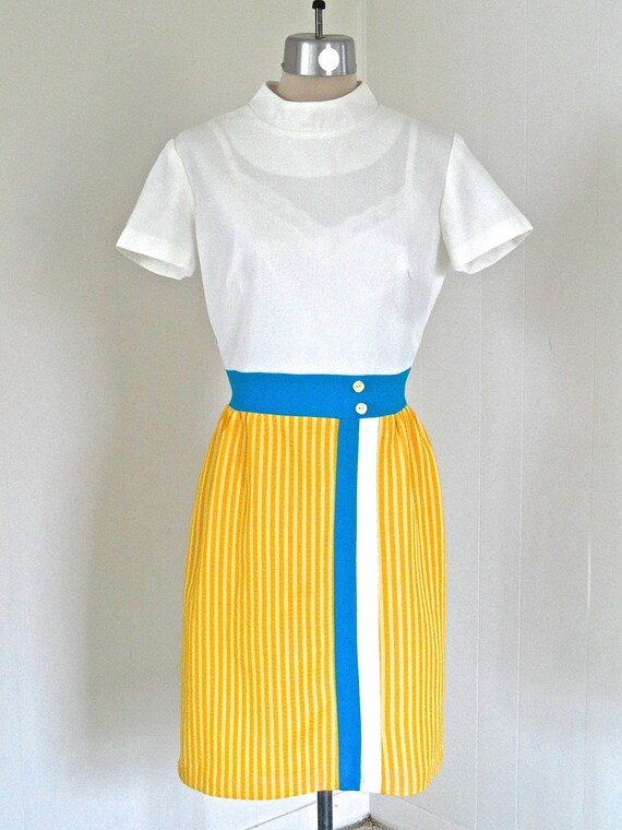 70s YELLOW Stripe M Dress Blue White Color Block … - image 7