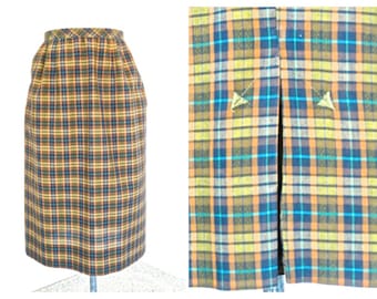 70s Plaid Skirt S XS wiggle Back to School Cotton back zip one piece stitched waistband secretary cool back vent versatile retro navy brown