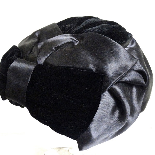 50s BLACK Hat crescent hat half hat velvet satin bow dressy cocktail vintage midcentury elegant