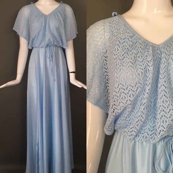 Classic Vtg 70s Goddess Macrame Mesh Overlay Skinny Tie Belt Goddess Flutter Sleeve M Light Baby Blue Hippy Classic Bridesmaid