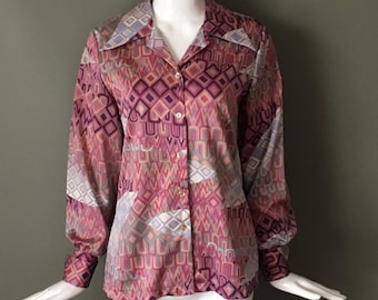PurpleBlueWhite Print Blouse with Tie Neck by Devon Size 18