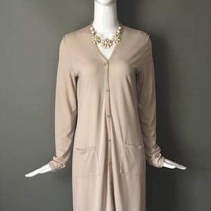 Gorg Vtg 90s DKNY Taupe Rayon Button Up Long Sleeve Shirt Dress Pockets Super Chic Minimal S