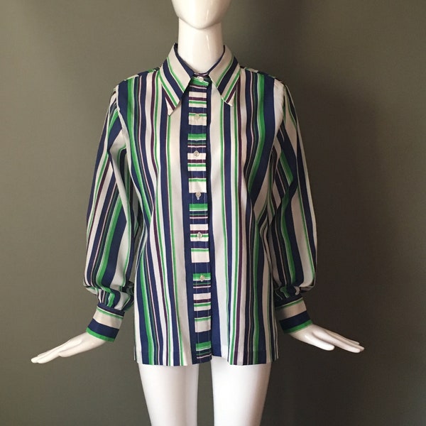 Super Cute Vtg 70s Cobalt Blue Kelly Green Stripe Poly Crepe Glenbrooke Label Top Blouse L