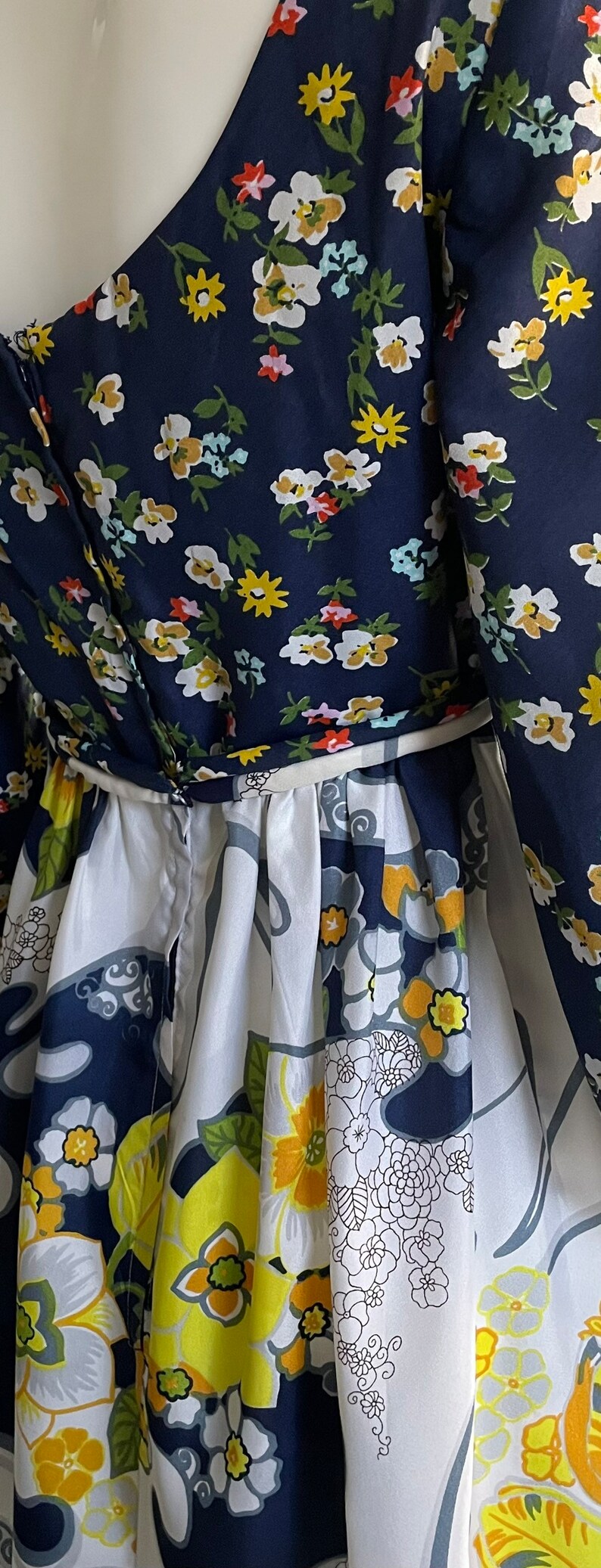 Gorg Vtg 70s Sandine Originals Designer Navy Blue Yellow Floral Maxi Dress Ling Poet Sleeves Embellished Gypsy Dress Boho Hippy M Mint image 7