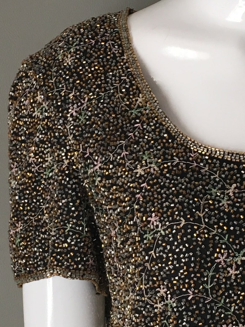 Gorg Vtg 80s St Enay Sequin Encrusted Cocktail Party Top Blouse Short Sleeves Silk 8 M Mint