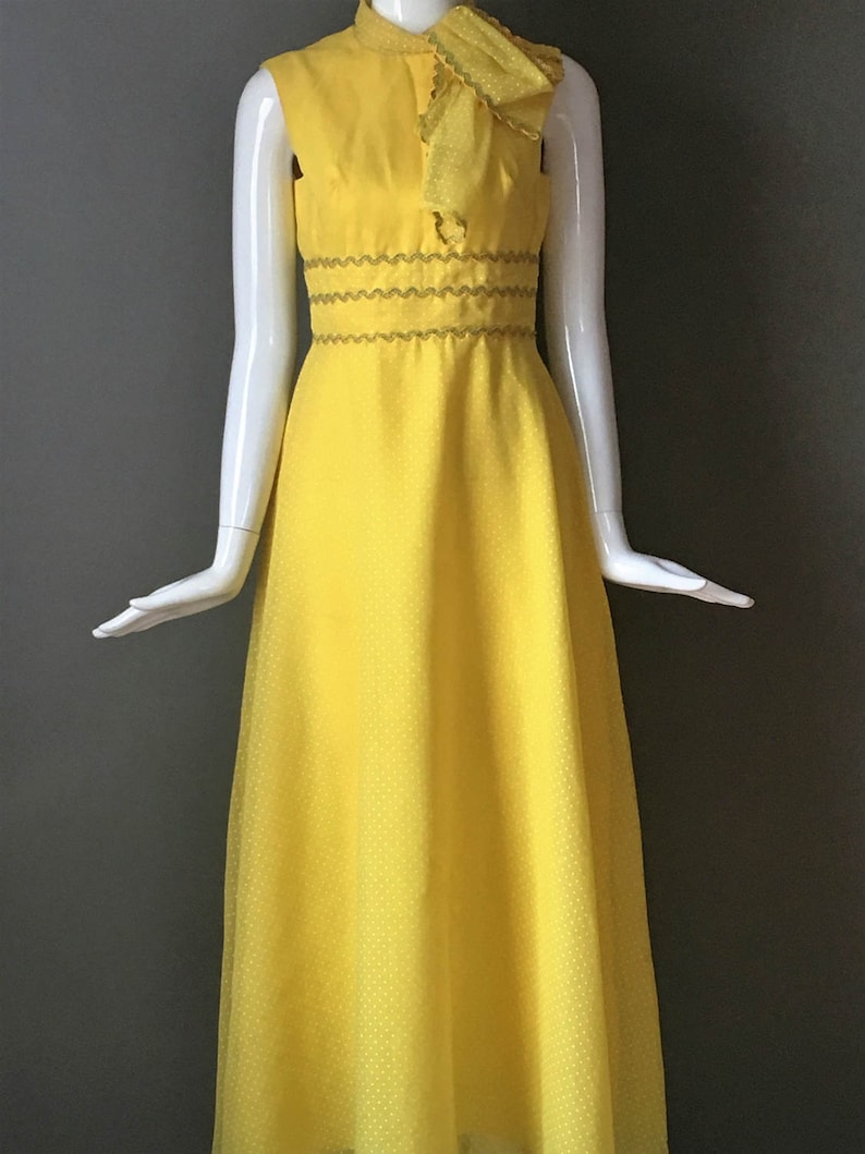 Vtg 60s Miss Elliette Bright Yellow Swiss Dot Attached Ascot Scarf Tie Maxi Dress S Metal Zip Mint Condition