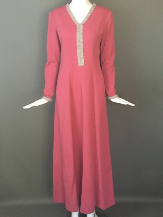 Lovely Vtg 70s Dusty Rose Poly Maxi Dress Gorg Sil