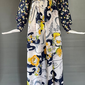 Gorg Vtg 70s Sandine Originals Designer Navy Blue Yellow Floral Maxi Dress Ling Poet Sleeves Embellished Gypsy Dress Boho Hippy M Mint image 3