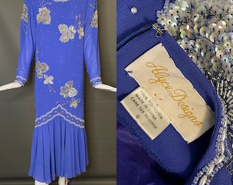 Gorg Vtg 80s Alyce Designs Violet Dress Super Drop Waist Silver Bead & Sequin Embellishment 6 M Mint