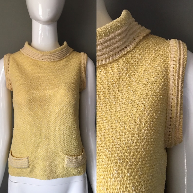 Gorg Vtg 70s Goldworm Label Pale Yellow Beige Knit Top Blouse Sleeveless S Excellent Condition