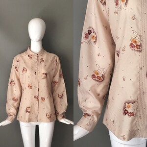 Vtg 70s Indie Print John Meyer Label Ruffle Victorian Neckline Ruffle Cuffs Top Blouse Rare 14 L Size Mint Hippy Buttons Up Salmon Peachy