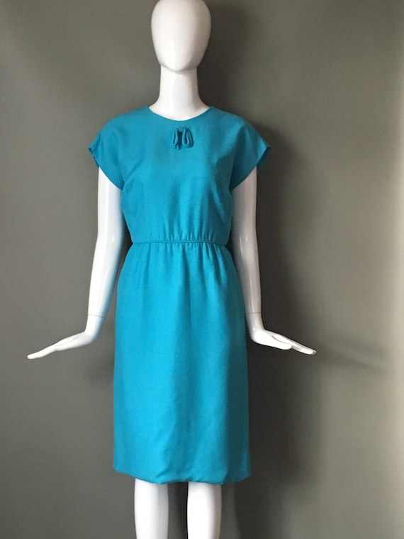 Lovely Vtg 50s Turquoise Blue Day Dress Cap Sleev… - image 1